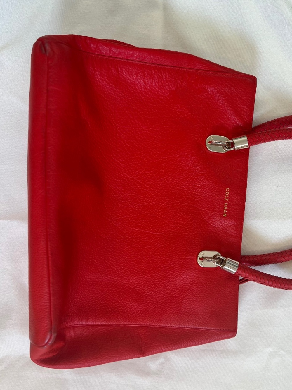 Cole Haan Red Pebbled Leather Tote Bag Gold Hardware Braided Handles - Picture 2 of 8